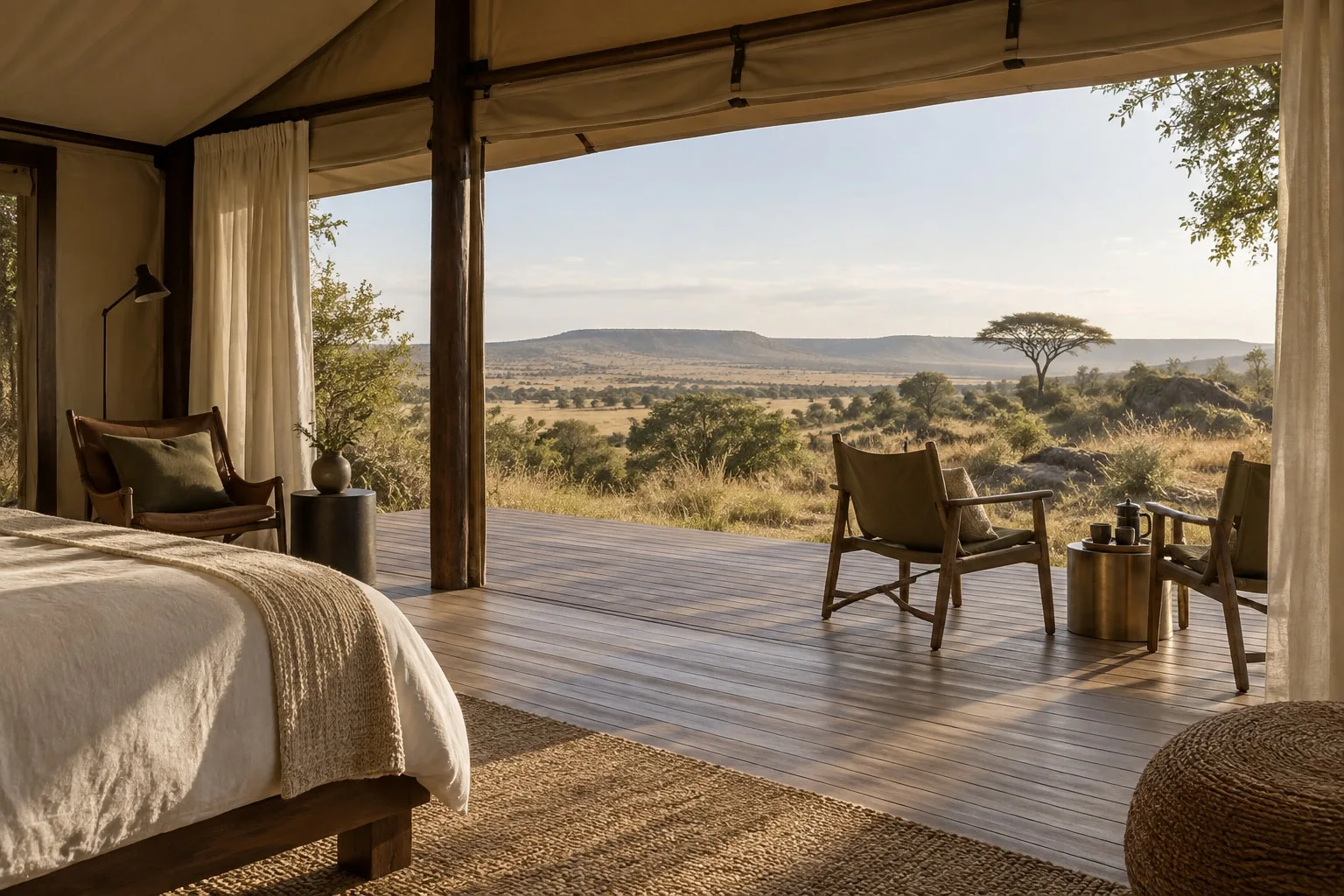 Generated concept of a refined safari tent opening onto savanna