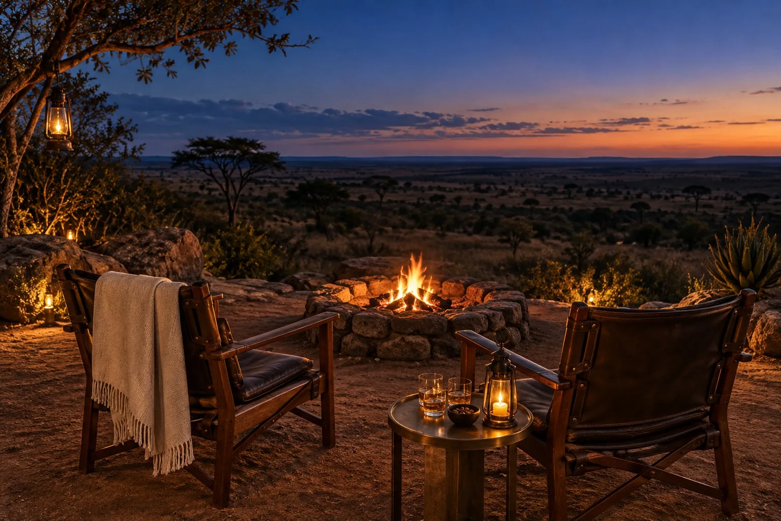 Generated concept of leather safari chairs and a campfire overlooking savanna at dusk